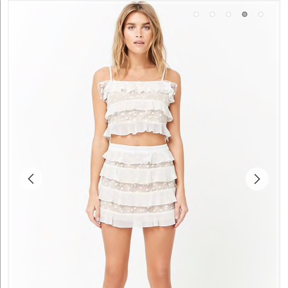 Embroidered white nude ruffle lace skirt set